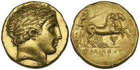 Kings of Macedon, Philip II (359-336 BC), gold stater, Pella, 340-328 BC, laureate head of Apollo right, rev., biga driven right; below, cantharus, 8....