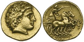 Kings of Macedon, Philip II (359-336 BC), gold stater, Magnesia, c.323-317 BC, laureate head of Apollo right, rev., biga driven right; below, bee and ...