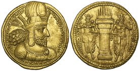 Sasanian, Shapur II (AD 260-272), gold dinar, crowned bust right, rev., fire altar and attendants (Saeedi AV4; Sunrise 739), slight deposits on revers...