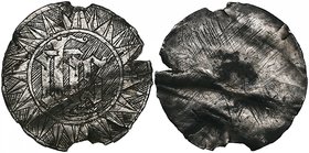 Silver Mazer Mount: A medieval circular disc in good silver, skilfully engraved with ihs at centre and with triangular sun rays around, probably from ...