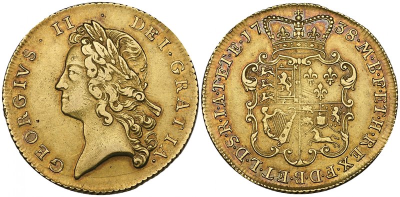 George II, young head, two-guineas, 1738 (S. 3667B), faint adjustment marks at c...