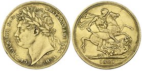 George IV, sovereign, 1821, laureate head (Marsh 5), has been harshly cleaned and with a rim nick, otherwise fine

Estimate: GBP 280 - 320