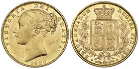 Victoria, young head, sovereign, rev., shield, 1880 s, variety with inverted a for v in victoria (Marsh 76A; S.3855), typical surface marks but good v...