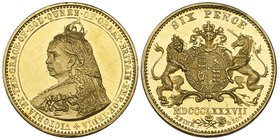 Victoria, Jubilee, 1887, pattern sixpence in gold, by J. Rochelle Thomas for Spink & Son and struck by Lauer, Nuremberg; crowned bust of the Queen thr...