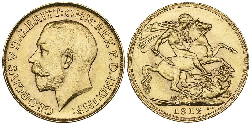 George V, sovereign, 1913 c, also bagmarked and with a rim nick, extremely fine ...