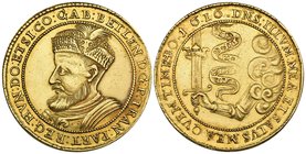 Transylvania, Gabriel Bethlen (1613-29), 10 ducats, 1616, bust left wearing feathered kalpag, rev., arm issuing from clouds holding upright sword with...