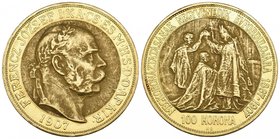 Hungary, Franz Josef, 40th Anniversary of his Coronation, 100 korona, 1907 kb, laureate bust right, rev., Coronation scene, with contrasting matt cent...
