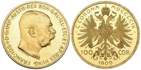 Austria, Franz Josef, proof 100 corona, 1909, Vienna mint, bare head of Franz Joseph right, rev., arms on crowned Imperial eagle, mint state with mini...