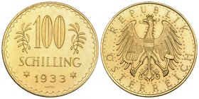 Austria, Republic, 100 schilling, 1933, Imperial eagle, rev., value and date with laurel sprays at sides (F. 520), lightly bagmarked, mint state and p...