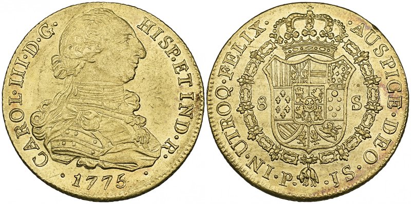 Colombia, Charles III, 8 escudos, Popayán mint, 1775 js, with normal date, bagma...