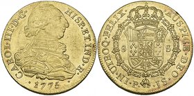 Colombia, Charles III, 8 escudos, Popayán mint, 1775 js, with normal date, bagmarked, virtually mint state and well struck, with much original mint bl...