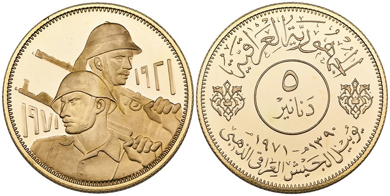 Iraq, Republic, Fiftieth Anniversary of the Iraqi Army, proof gold 5-dinars, 197...