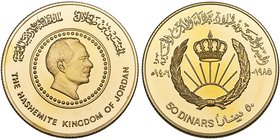 Jordan, Fiftieth Birthday of King Hussein, proof piedfort gold 50-dinars, 1985/1406h, 34.09g (KM P3), virtually as struck, in case and capsule of issu...