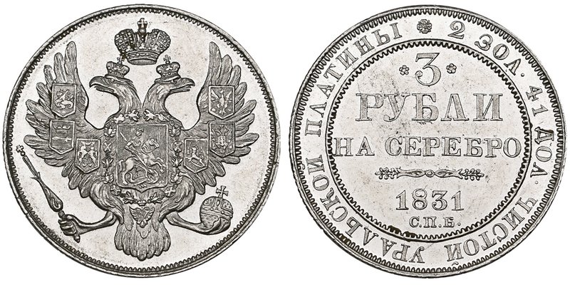 Russia, Nicholas I (1825-55), platinum 3 roubles, 1831 (Bitkin 80; Uzd. 370; F. ...