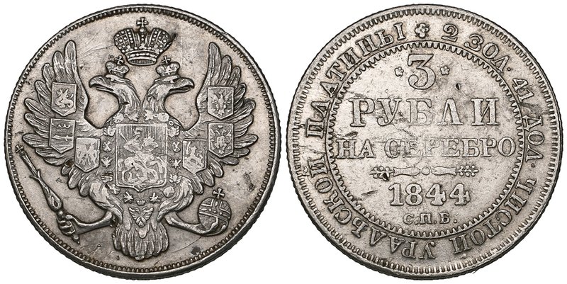 Russia, Nicholas I, platinum 3 roubles, 1844 (Bitkin 90; F. 160), several surfac...