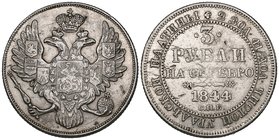 Russia, Nicholas I, platinum 3 roubles, 1844 (Bitkin 90; F. 160), several surface knocks and scratches (probably test-marks), otherwise very fine. Ex ...