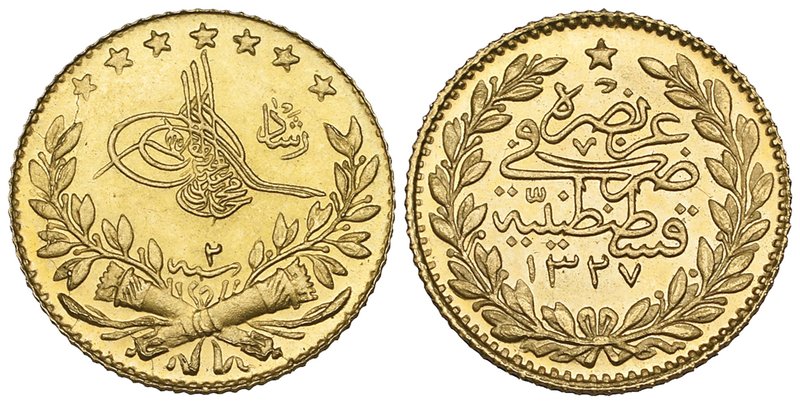 Turkey, Ottoman, Mehmed V (1909-1918), gold 25-kurush, year 2; Iran, Mohammad Re...