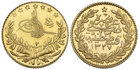 Turkey, Ottoman, Mehmed V (1909-1918), gold 25-kurush, year 2; Iran, Mohammad Reza Pahlawi (1941-1979), quarter-pahlawi, SH1332, both almost uncircula...
