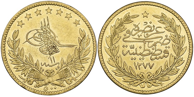 Turkey, Abdul Aziz, 500 piastres, Constantinople, 1277h, year 11 (F. 125), small...
