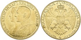 Yugoslavia, Alexander I, 4 ducats, 1931, Belgrade mint, conjoined busts of King and Queen right, corn countermark behind, rev., shield on crowned doub...