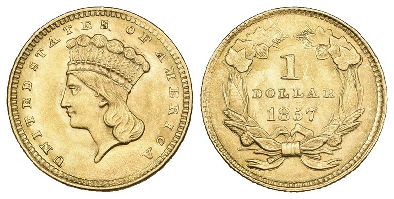 U.S.A., gold dollar, 1857, type 3, large Indian Princess head, mint state, with ...