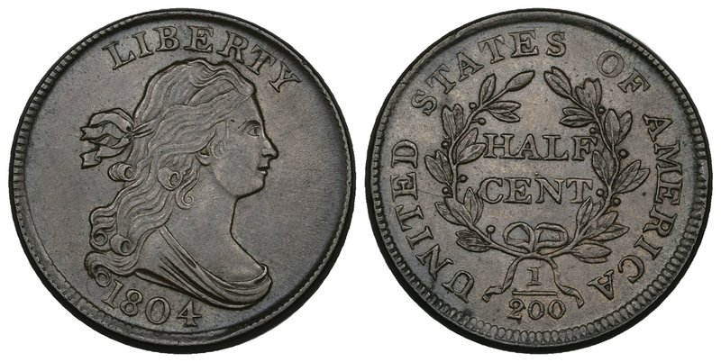 U.S.A., half-cent, 1804, plain 4 in date, no stems in wreath, good extremely fin...