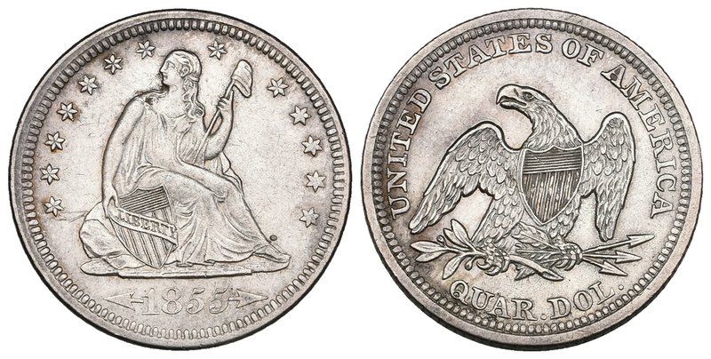 U.S.A., quarter-dollar, 1855 arrows, extremely fine, in PCGS holder graded AU55...