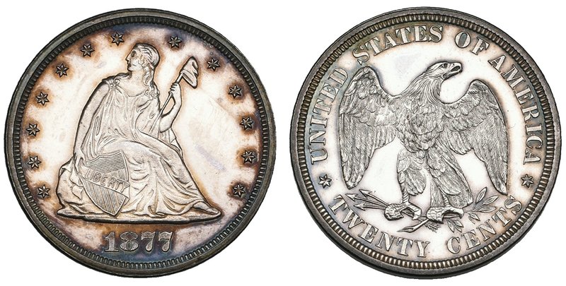 U.S.A., proof 20 cents, 1877, some hairlines, almost as struck with frosty devic...