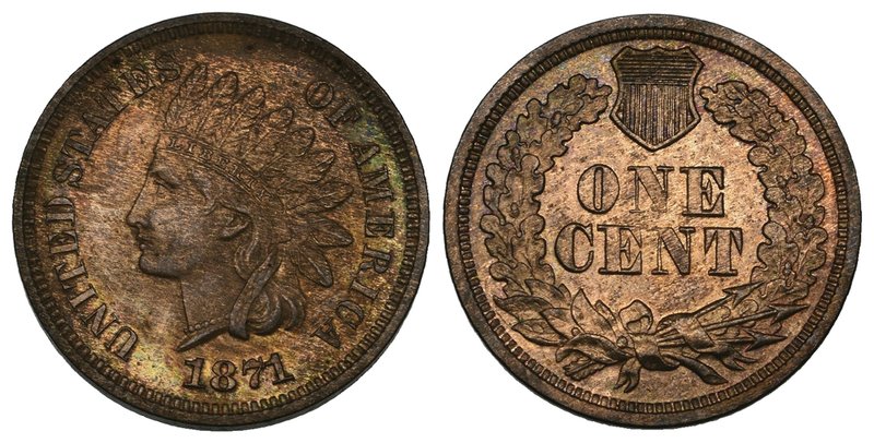 U.S.A., proof 1 cent, 1871, with streaky toning, virtually as struck, in PCGS ho...