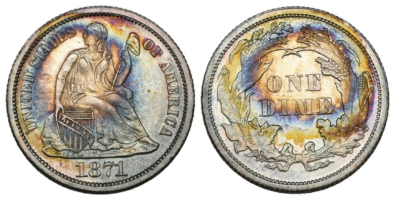 U.S.A., proof dime, 1871, practically as struck, with rather uneven colourful go...