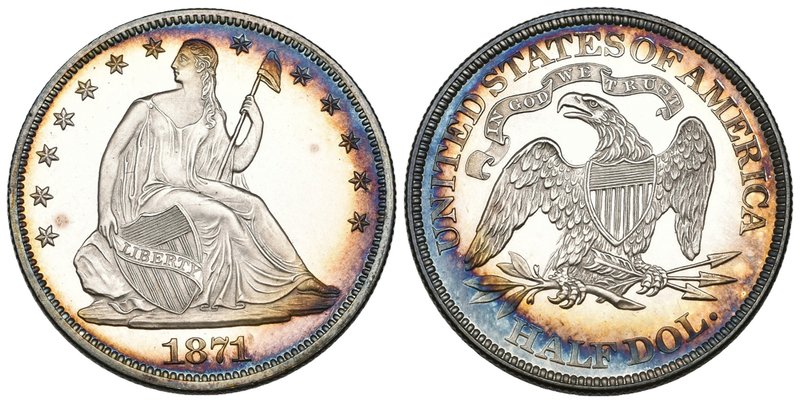 U.S.A., proof half-dollar, 1871, a beautiful deep cameo example partially toned ...