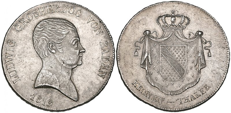 Baden, Ludwig I, kronenthaler, 1819, bare head right, signed doell on truncation...