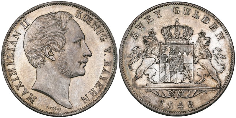 Bavaria, Ludwig I, 2 gulden, 1848, extremely fine and Maximilian II, 2 gulden, 1...