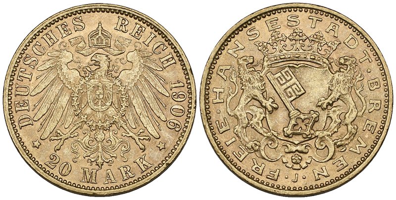 Bremen, Free City, 20 mark, 1906 j, minor rim nicks, extremely fine

Estimate:...