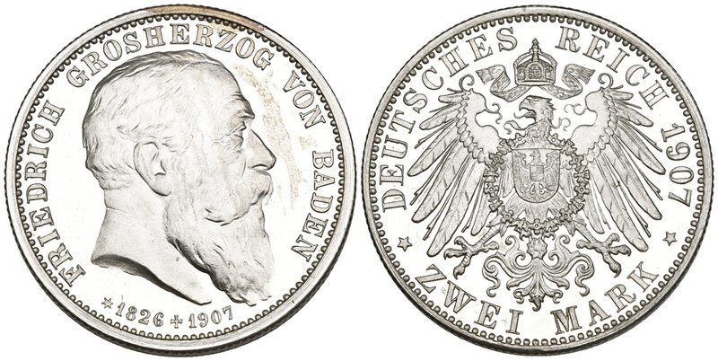 Baden, Memorial to Friedrich I, proof 2 mark, 1907, his bust, with dates of birt...