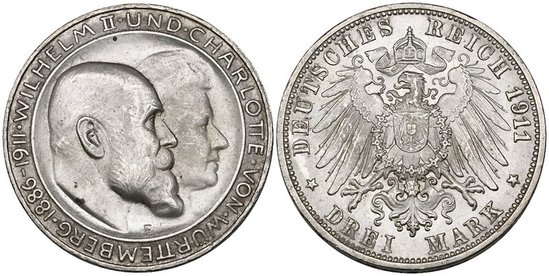 Württemberg, Wilhelm II, Silver Wedding, 1911, 3 mark, normal h in charlotte, vi...