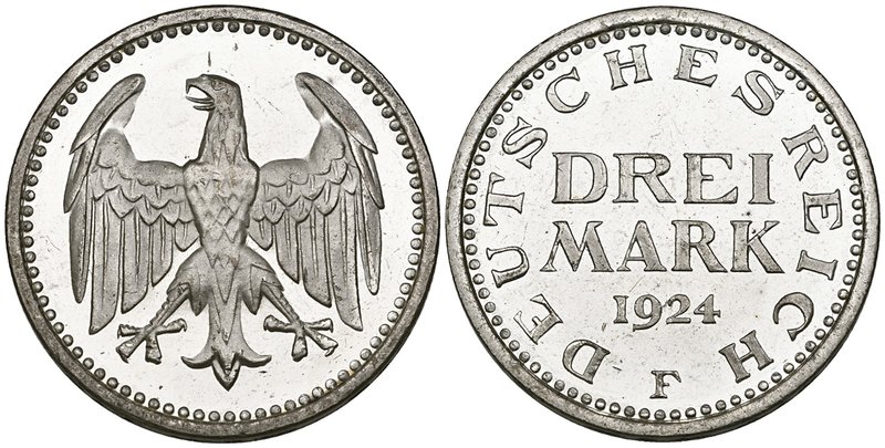 Weimar Republic, proof 3 reichsmark, 1924 f, a few surface marks, good extremely...