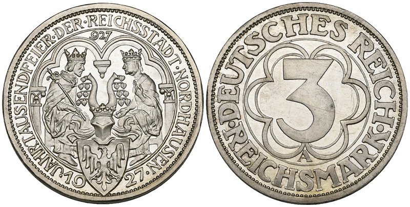 Weimar Republic, Nordhausen 1,000th Anniversary, proof 3 reichsmark, 1927 a, min...