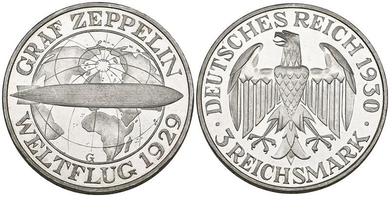 Weimar Republic, Zeppelin’s Round-the-World Flight of 1929, proof 3 reichsmark, ...