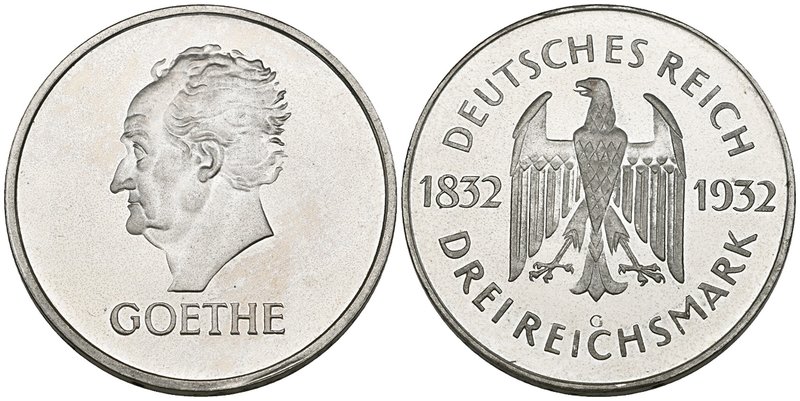 Weimar Republic, Centenary of the death of Goethe, proof 3 reichsmark, 1932 g, m...