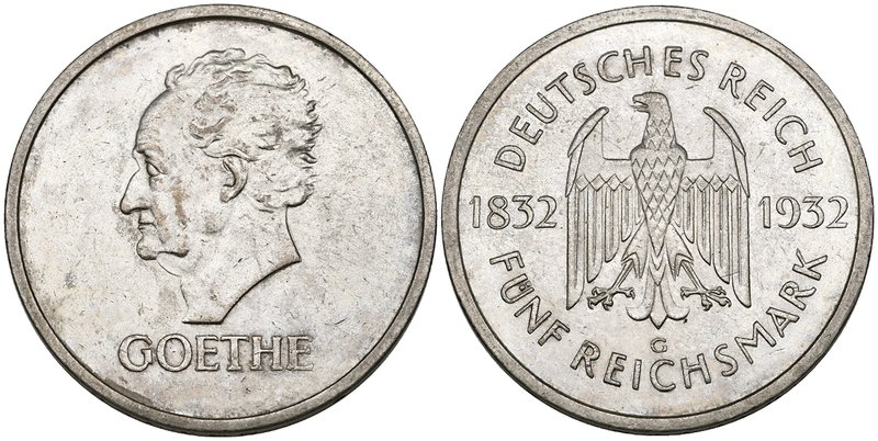 Weimar Republic, Centenary of the death of Goethe, 5 reichsmark, 1932 g, surface...