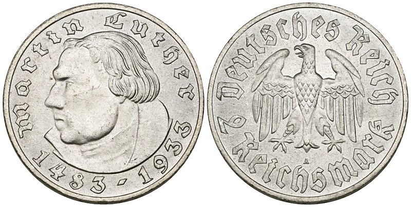 Third Reich, 2 reichsmark (4), comprising 1933 a Luther, mint state, proof 1934 ...