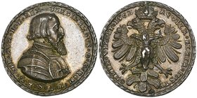 Holy Roman Empire, Ferdinand I, silver medal, 1562, by Nickel Milicz, armoured bust right, rev., Christ crucified, superimposed on the crowned imperia...