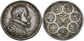 Holy Roman Empire, Rudolph II, Reichstag in Regensburg, 1599, silver medal by Valentin Maler, bust right, rev., seven shields around imperial eagle, 3...