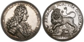 Germany, Baden, Karl Wilhelm, Markgraf of Baden (1709-38), Accession, 1709, silver medal by P.H. Müller, bust right wearing cuirass and mantle, rev., ...