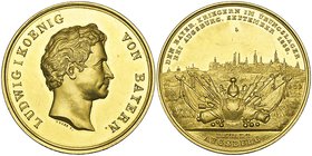 Germany, Bavaria, Ludwig I, Army Manoeuvres in Augsburg, September 1838, gold medal, by Neuss and Rabausch, bare head right, rev., large trophy of arm...