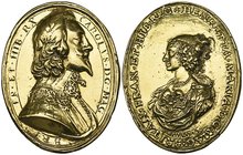 Great Britain, Charles I and Henrietta Maria, gold Royalist badge, by Thomas Rawlins, bust of Charles right wearing lace collar, rev., draped bust of ...