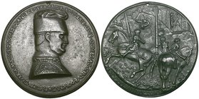 Filippo Maria Visconti (Duke of Milan, 1412-47), bronze medal by Pisanello, bust right in tall hat, rev., the Duke in armour on horseback, accompanied...