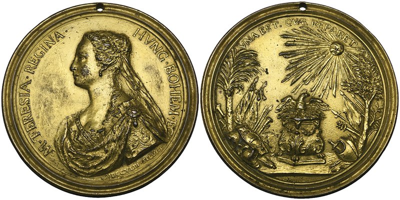 Maria Theresia of Austria, bronze-gilt medal by Antonio Selvi, 1743, bust left, ...