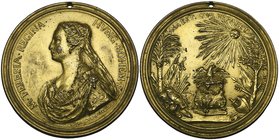 Maria Theresia of Austria, bronze-gilt medal by Antonio Selvi, 1743, bust left, rev., Imperial eagle on altar flanked by trees and armour, with radian...